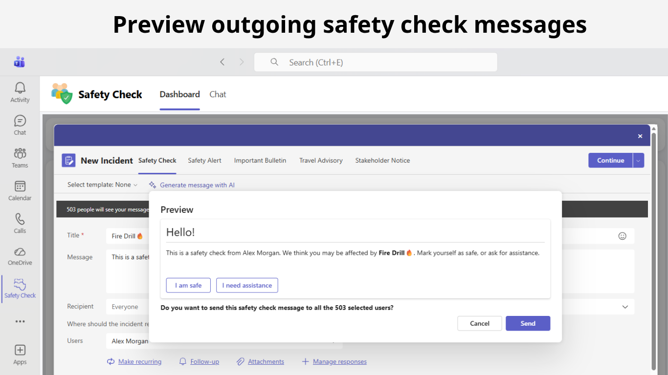 Preview outgoing safety check messages